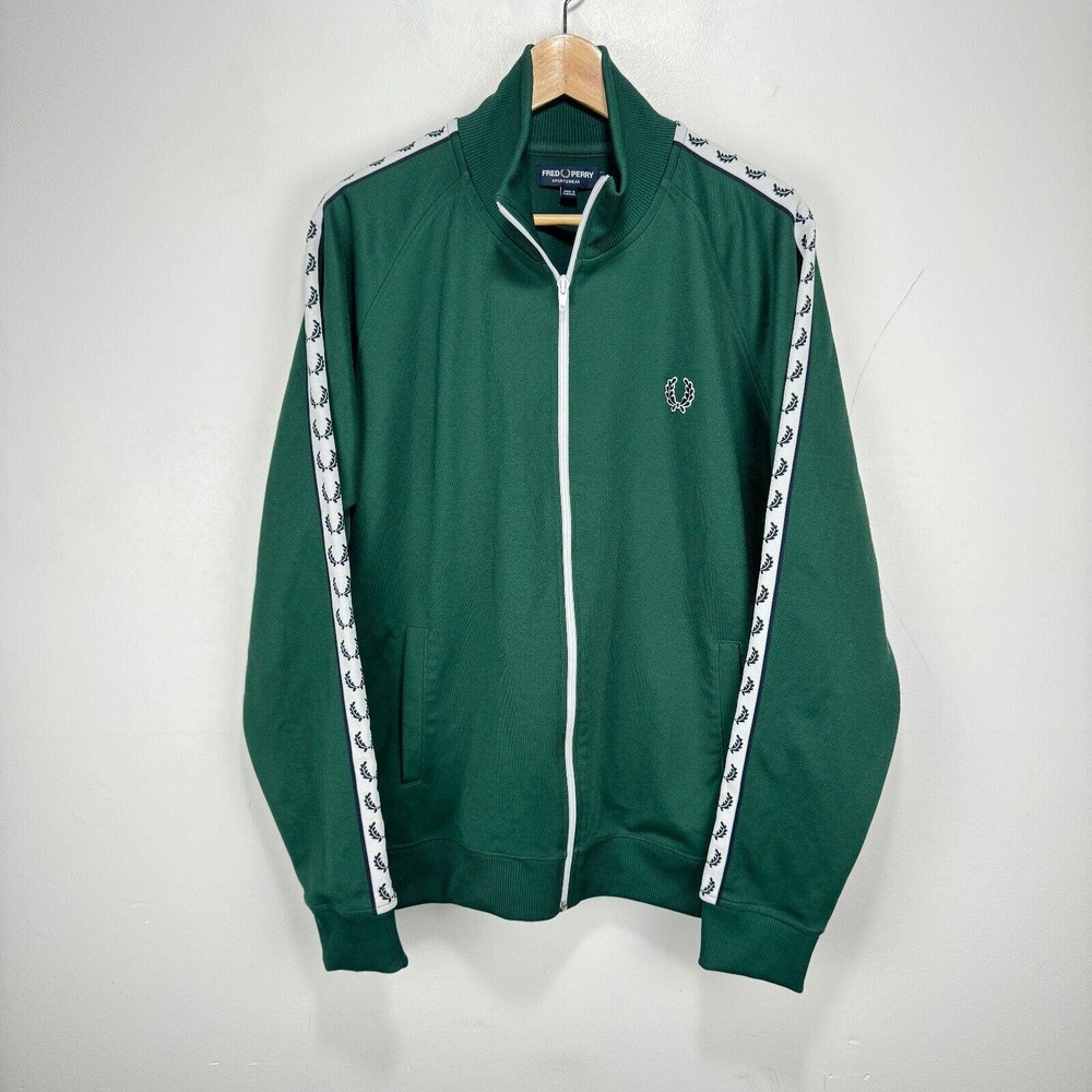 COPY - Fred Perry Track Jacket Men XL Green White Full Zip Logo Sleeve Trim Str…